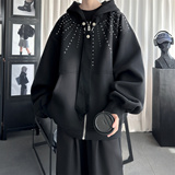 现货小众烫钻可拆卸领带设计连帽卫衣重磅宽松慵懒外套W2056-P89，女装短外套，星座1017