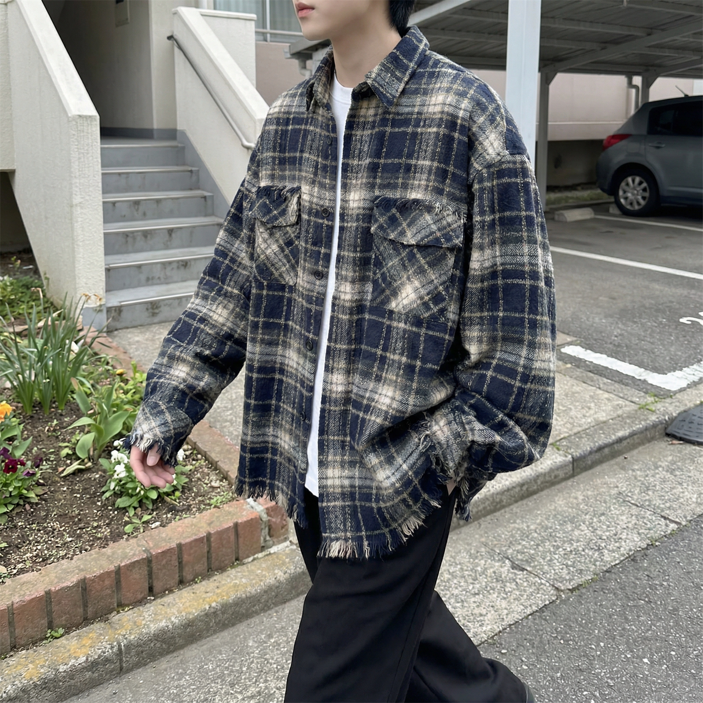 现货2026春复古美式格子长袖衬衫毛边宽松衬衣SC245-P58,男装衬衫,星座1017