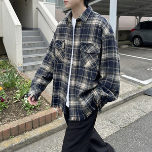 现货 2026春复古美式格子长袖衬衫毛边宽松衬衣 SC245-P58图片