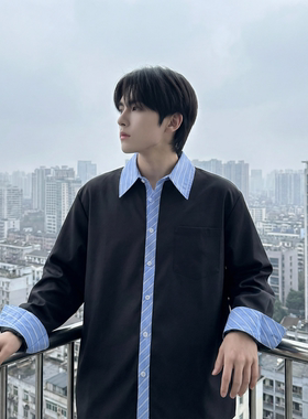 现货 高级感小众设计拼接衬衫男痞帅纯色宽松潮流衬衣 S1858-P68