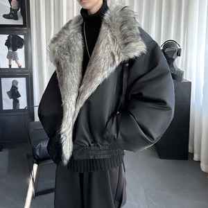 冬季大毛领加厚夹棉黑锻拼接棉服外套 M1654-P168图片