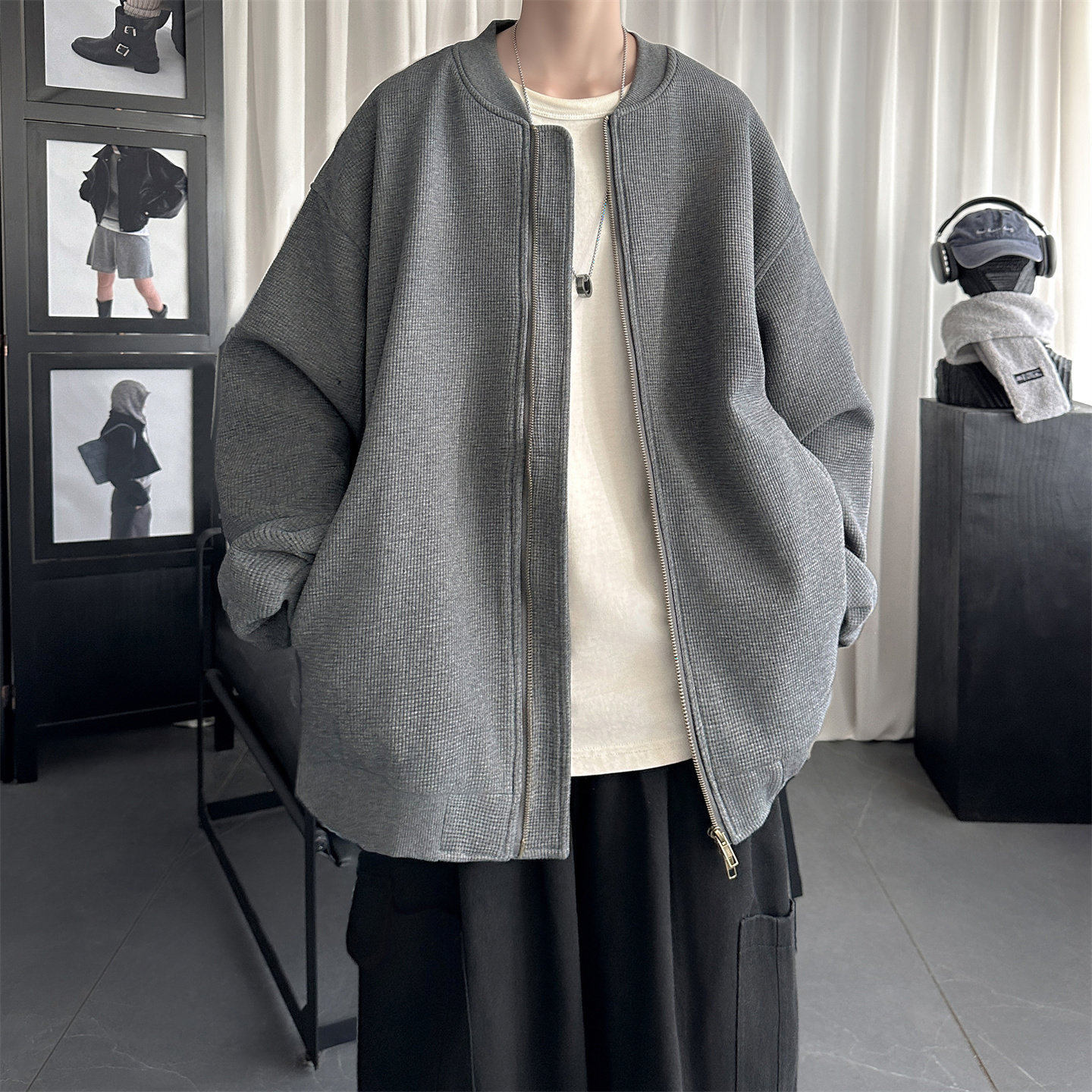 现货2026日系痞帅华夫格宽松休闲棒球立领夹克衫外套NK828-P89，男装夹克，星座1017