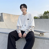 现货春季连帽卫衣男潮牌ins假两件拼接格子慵懒风W8212-P68，男装卫衣，星座1017