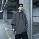 现货春季连帽卫衣男潮牌ins假两件拼接格子慵懒风W8212-P68，男装卫衣，星座1017