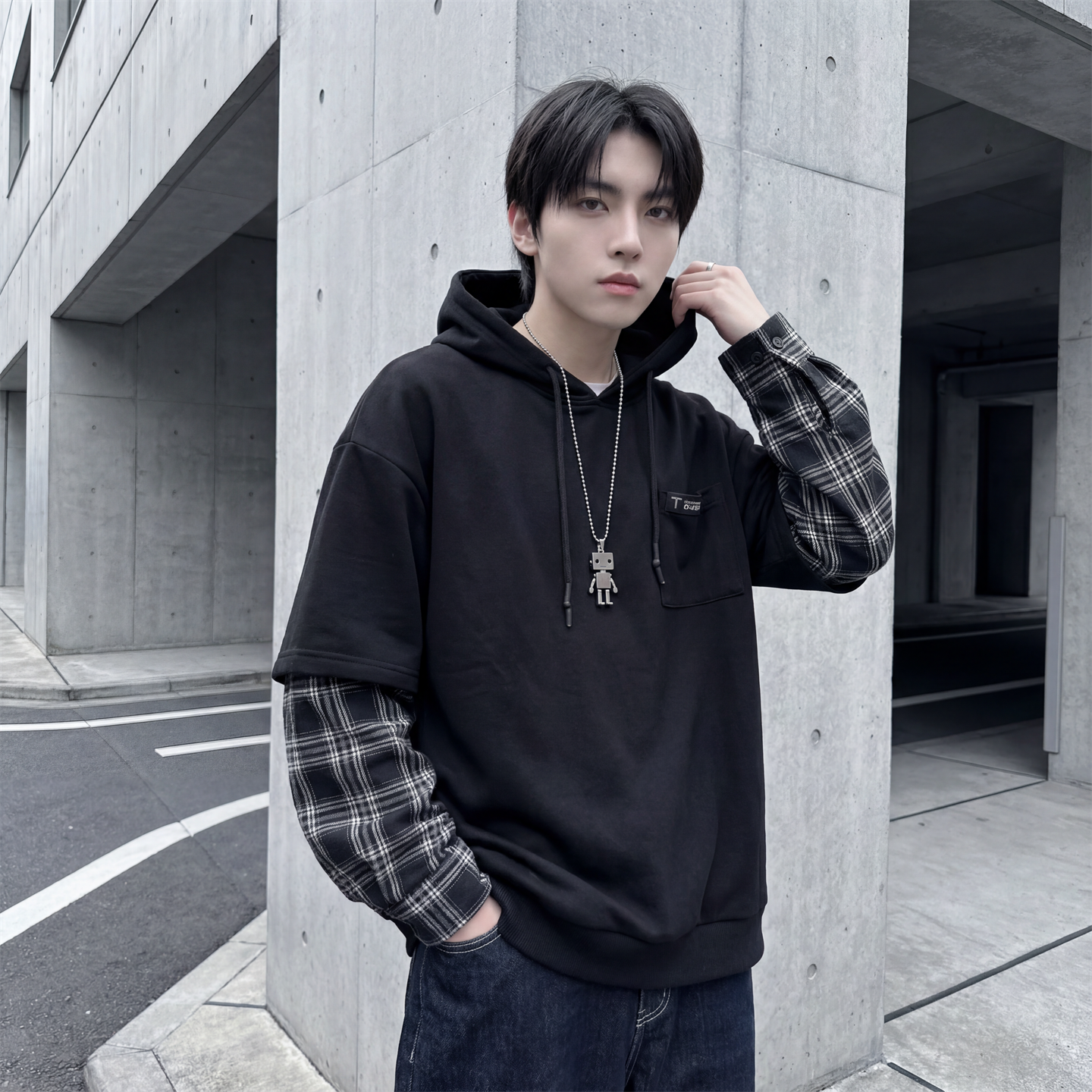 现货春季连帽卫衣男潮牌ins假两件拼接格子慵懒风W8212-P68,男装卫衣,星座1017