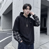 现货春季连帽卫衣男潮牌ins假两件拼接格子慵懒风W8212-P68，男装卫衣，星座1017