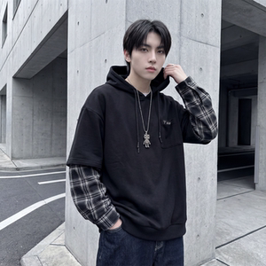现货 春季连帽卫衣男潮牌ins假两件拼接格子慵懒风 W8212-P68图片
