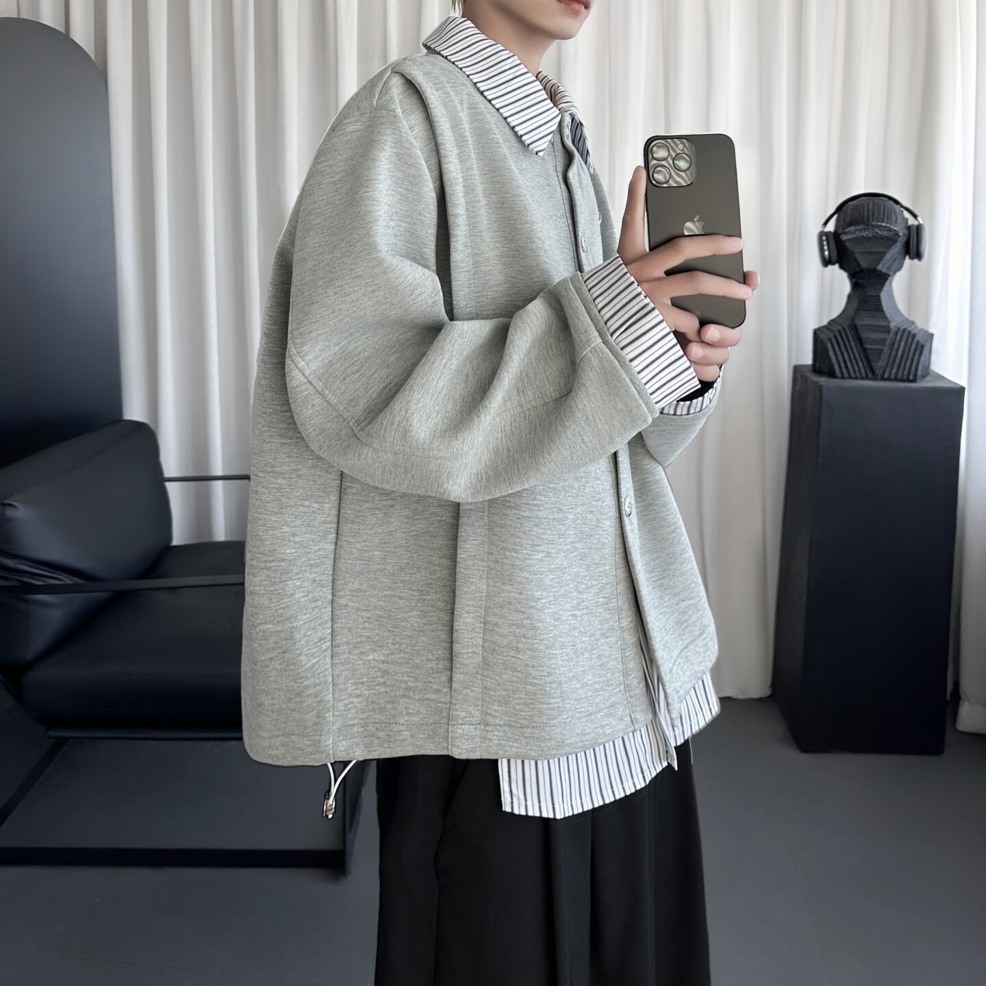 条纹衬衫假两件拼接开衫卫衣套装翻领简约外套R5413-P78,男装休闲套装,星座1017