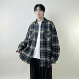 现货2026春复古美式格子长袖衬衫毛边宽松衬衣SC245-P58，男装衬衫，星座1017