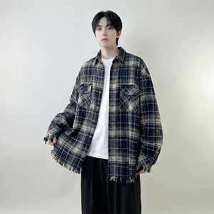 现货 2026春复古美式格子长袖衬衫毛边宽松衬衣 SC245-P58图片