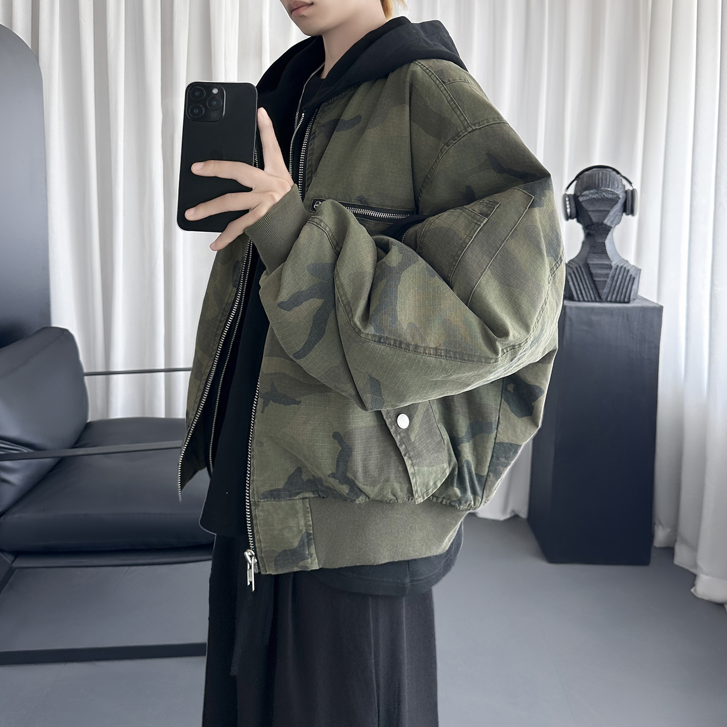 迷彩假两件棉服重磅水洗飞行服街头风外套M9881-P148，男装棉衣，星座1017