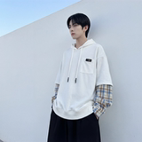 现货春季连帽卫衣男潮牌ins假两件拼接格子慵懒风W8212-P68，男装卫衣，星座1017