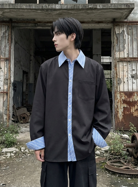 现货 高级感小众设计拼接衬衫男痞帅纯色宽松潮流衬衣 S1858-P68