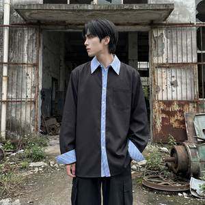 现货 高级感小众设计拼接衬衫男痞帅纯色宽松潮流衬衣 S1858-P68图片