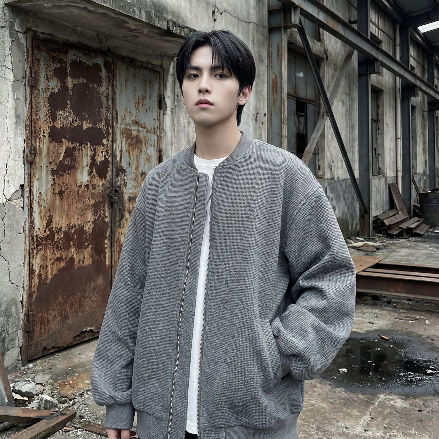 现货2026日系痞帅华夫格宽松休闲棒球立领夹克衫外套NK828-P89，男装夹克，星座1017