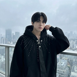 现货烫钻可拆卸领带设计连帽卫衣重磅细闪宽松慵懒外套W2056-P89，女装短外套，星座1017