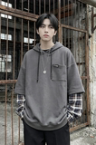 现货春季连帽卫衣男潮牌ins假两件拼接格子慵懒风W8212-P68，男装卫衣，星座1017