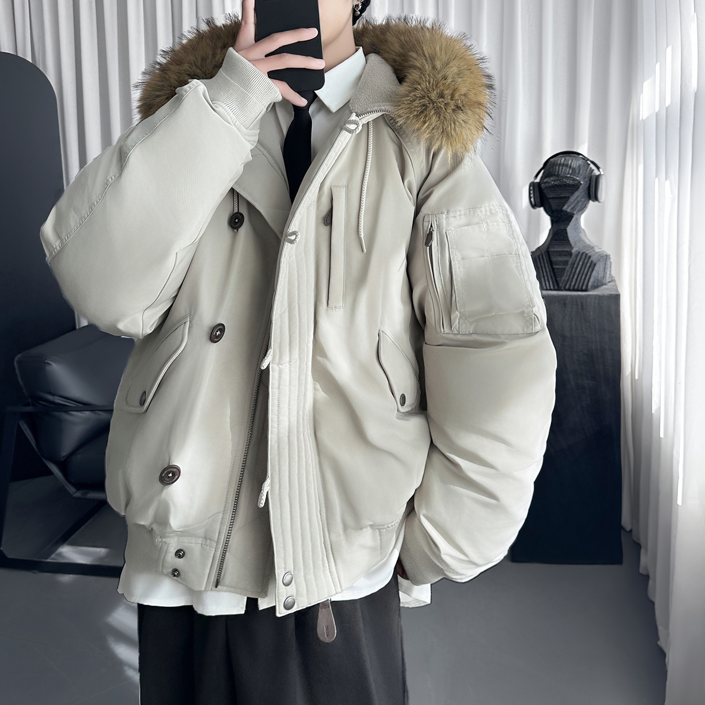 户外防风仿毛领短款宽松工装棉服男 M1103-P148