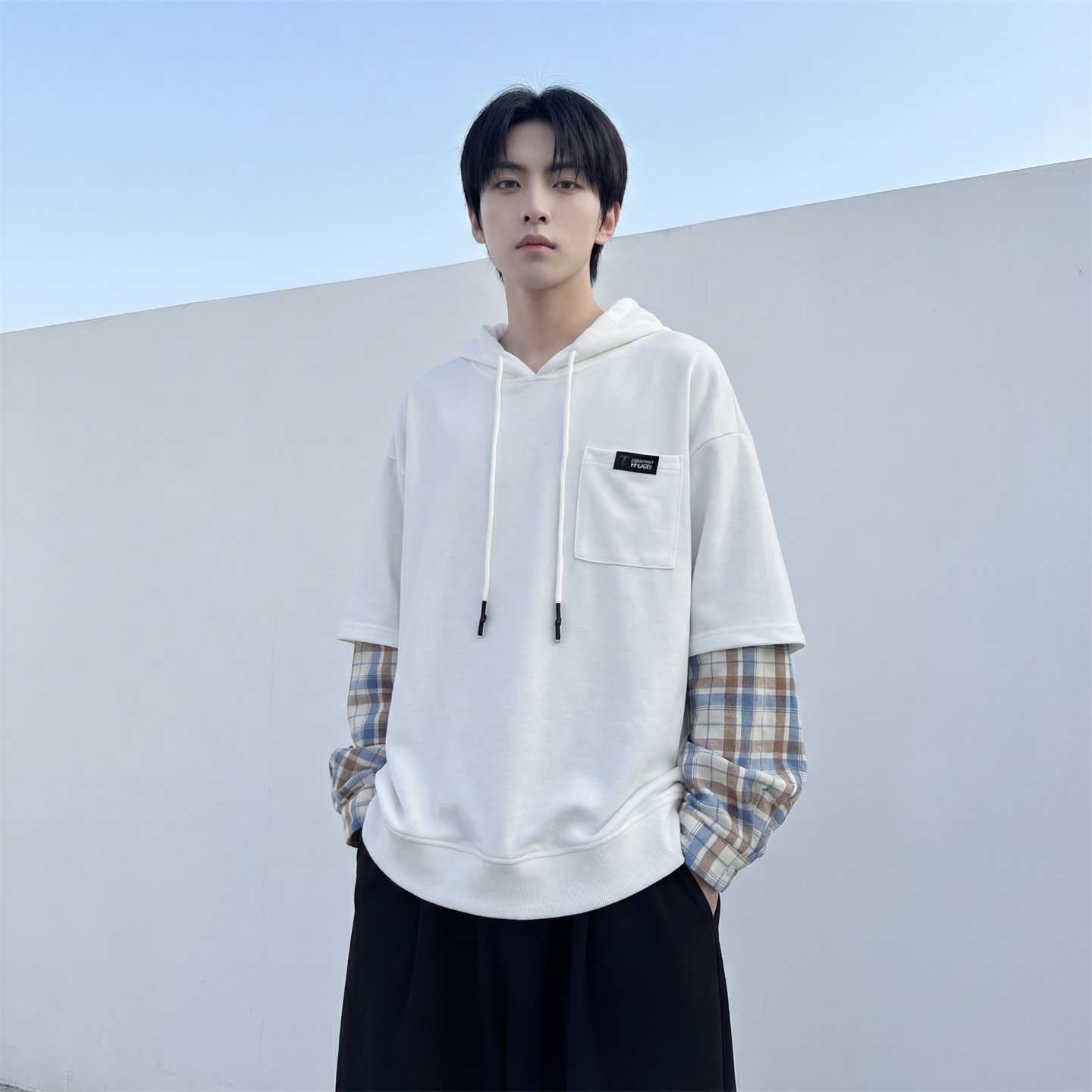 现货春季连帽卫衣男潮牌ins假两件拼接格子慵懒风W8212-P68,男装卫衣,星座1017