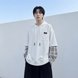 现货春季连帽卫衣男潮牌ins假两件拼接格子慵懒风W8212-P68，男装卫衣，星座1017
