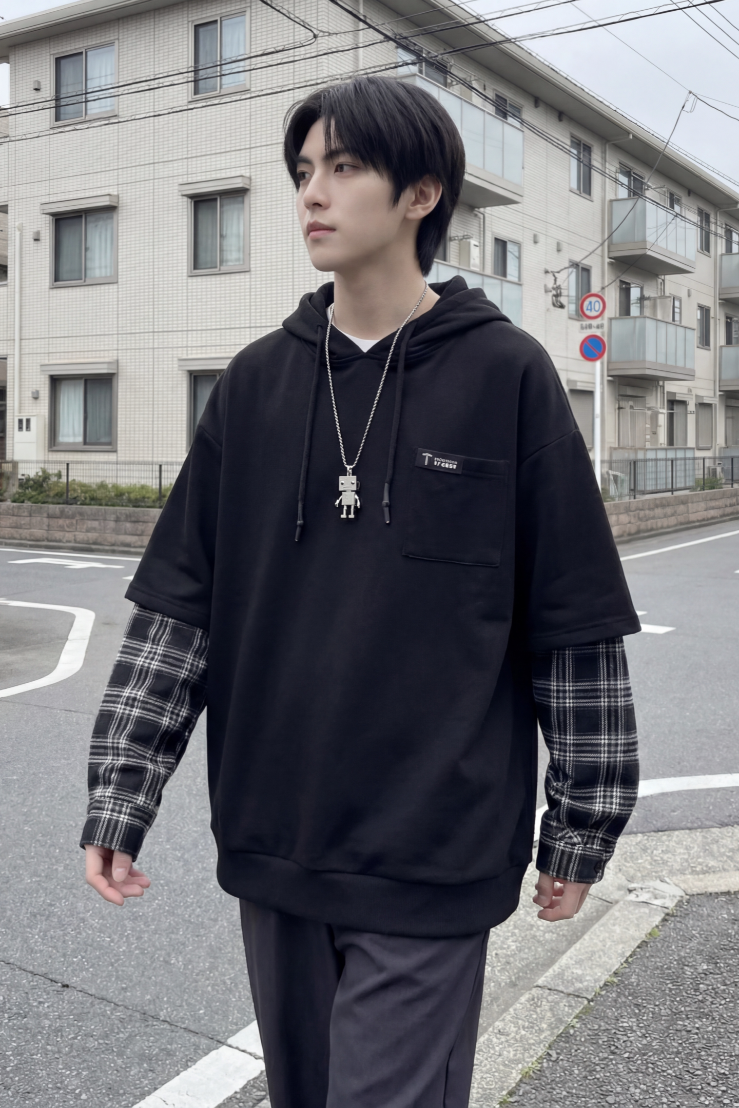现货春季连帽卫衣男潮牌ins假两件拼接格子慵懒风W8212-P68,男装卫衣,星座1017