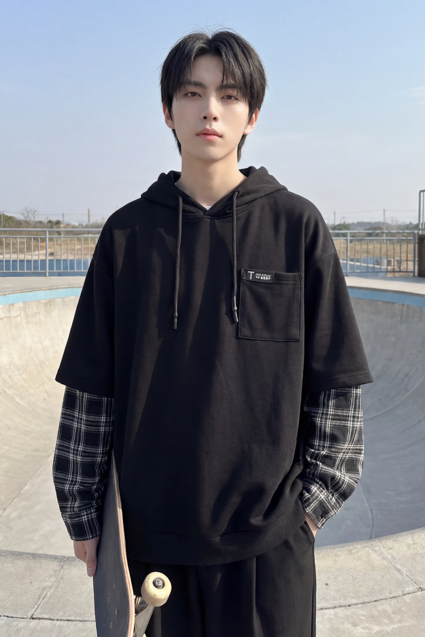 现货春季连帽卫衣男潮牌ins假两件拼接格子慵懒风W8212-P68,男装卫衣,星座1017