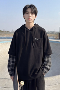 现货 春季连帽卫衣男潮牌ins假两件拼接格子慵懒风 W8212-P68图片
