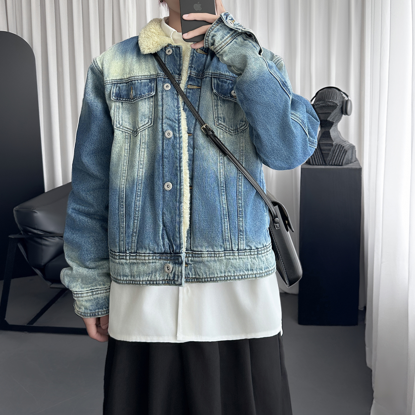 做旧羊羔绒丹宁牛仔外套格纹拼接保暖棉服夹克Q2053-P138,男装工装外套,星座1017 做旧羊羔绒丹宁牛仔外套格纹拼接保暖棉服夹克Q2053-P138,男装工装外套,星座1017