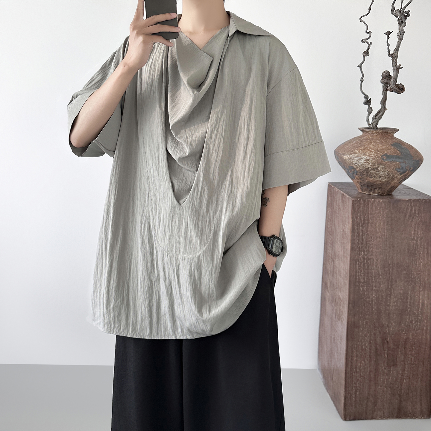 日系复古堆堆领七分袖衬衣山本耀司风男女方领衬衫D2629，商品下架区商品下架区，星座1017