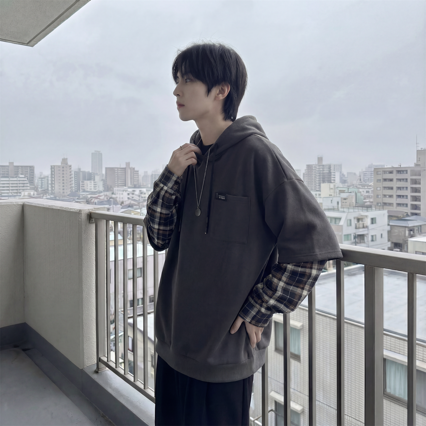 现货春季连帽卫衣男潮牌ins假两件拼接格子慵懒风W8212-P68，男装卫衣，星座1017