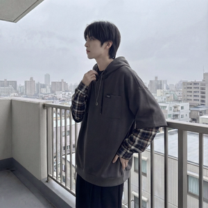 现货 春季连帽卫衣男潮牌ins假两件拼接格子慵懒风 W8212-P68，男装卫衣，星座1017