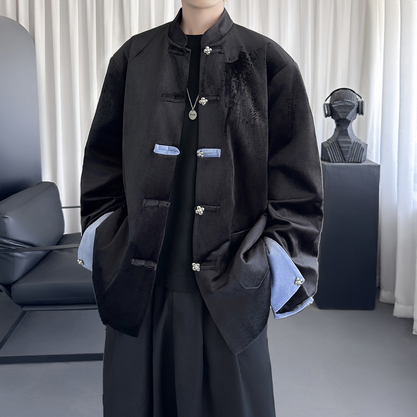 新中式黑色丝绒盘扣外套中山领休闲宽松西服外套男女Y9591-P98,男装西服,星座1017