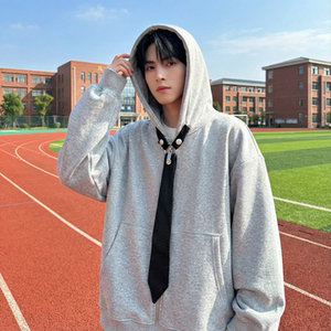 现货烫钻可拆卸领带设计连帽卫衣重磅细闪宽松慵懒外套 W2056-P89，女装短外套，星座1017