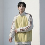 新款现货美式插肩袖立领男春季重磅开衫撞色条纹运卫衣CR711-P68，男装卫衣，星座1017