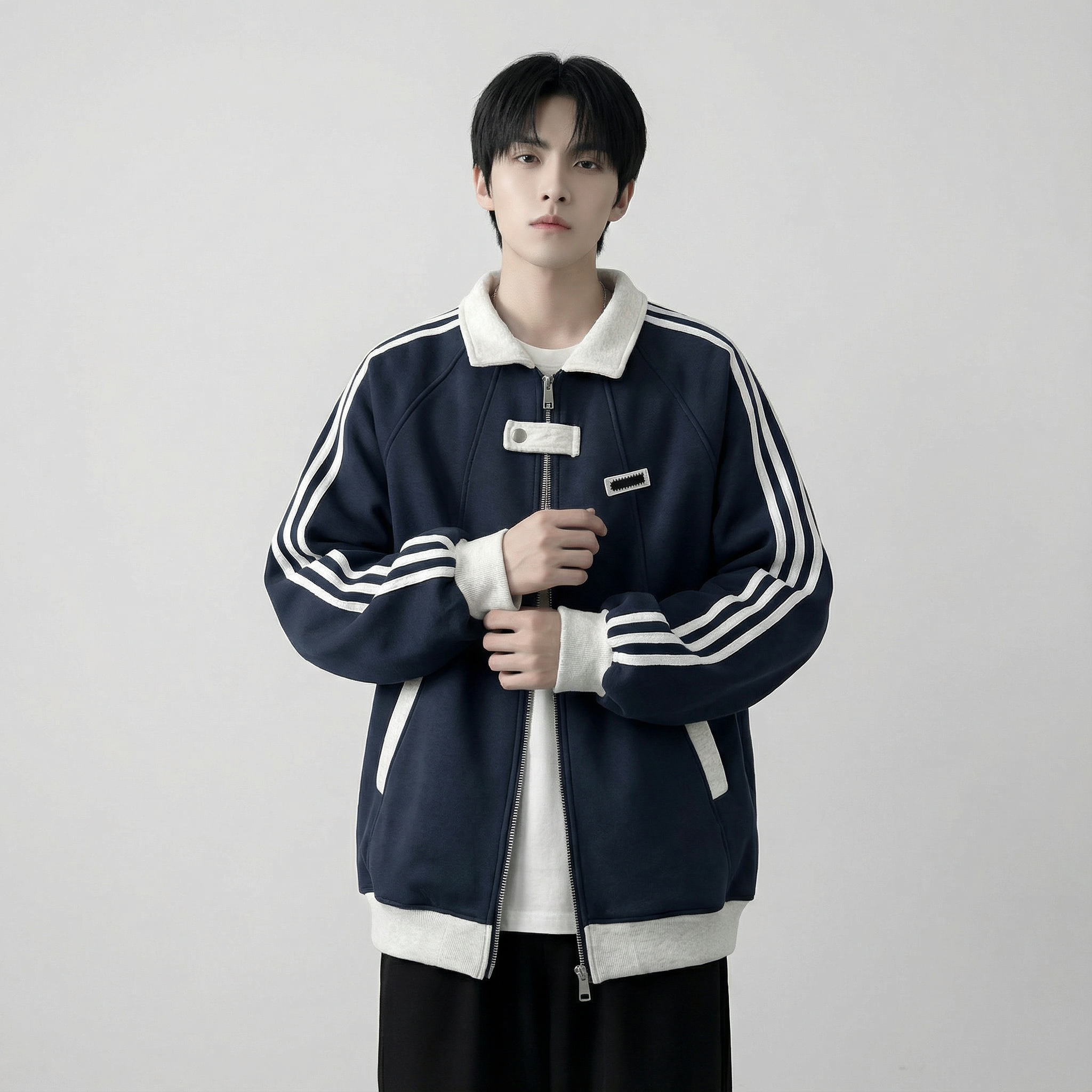 现货2026三条杠翻领夹克男宽松休闲运动外套现货R238-P68，男装夹克，星座1017