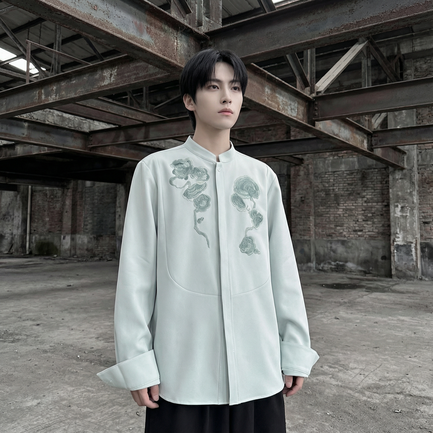 现货春款风灵芝刺绣宽松休闲立领长袖青灰色衬衣SA783-P88，男装衬衫，星座1017