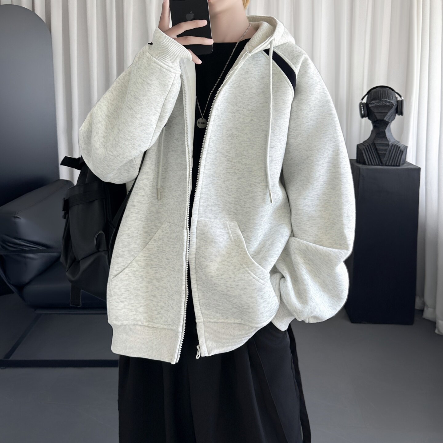 撞色开衫连帽卫衣美式重磅外套青少年感休闲运动上衣DR219-P68,女装短外套,星座1017