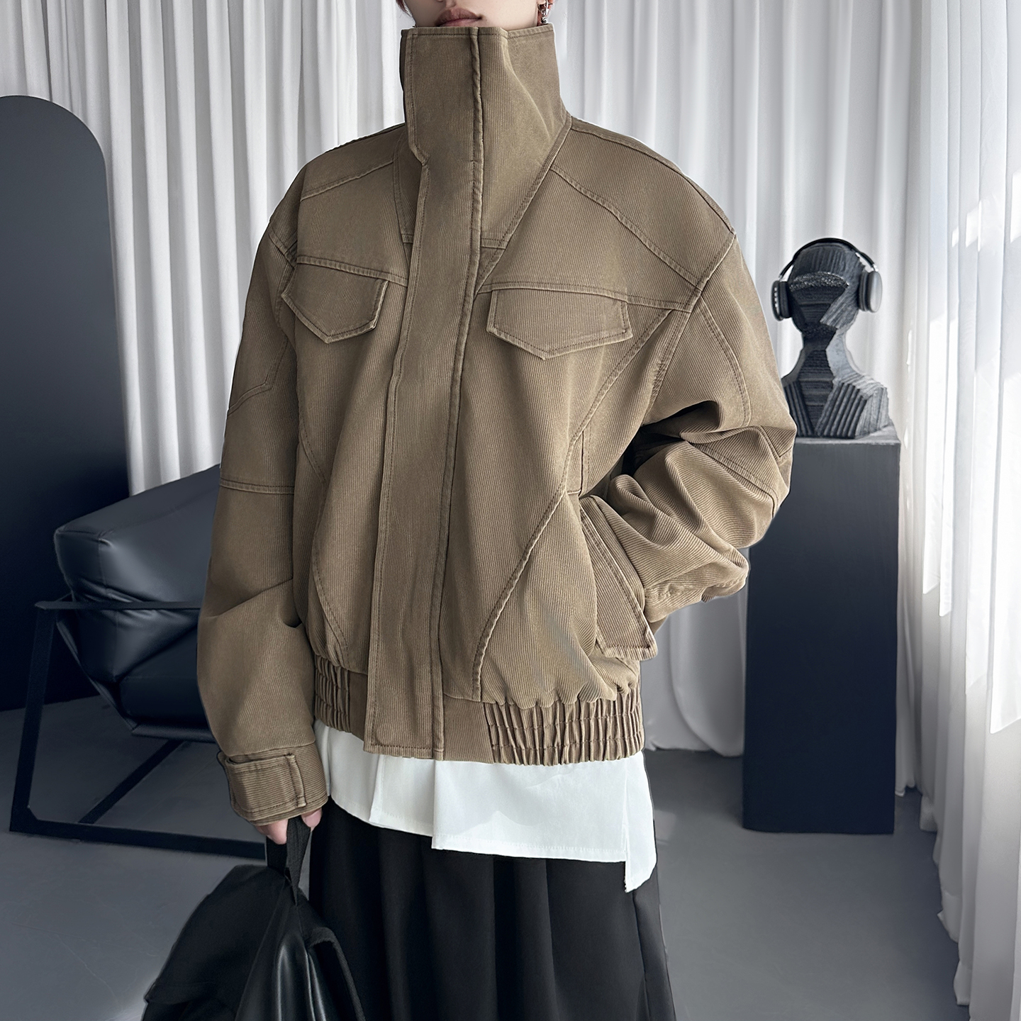 复古立领工装夹克男女咖啡色美式做旧短宽外套R6612-P128，男装夹克，星座1017