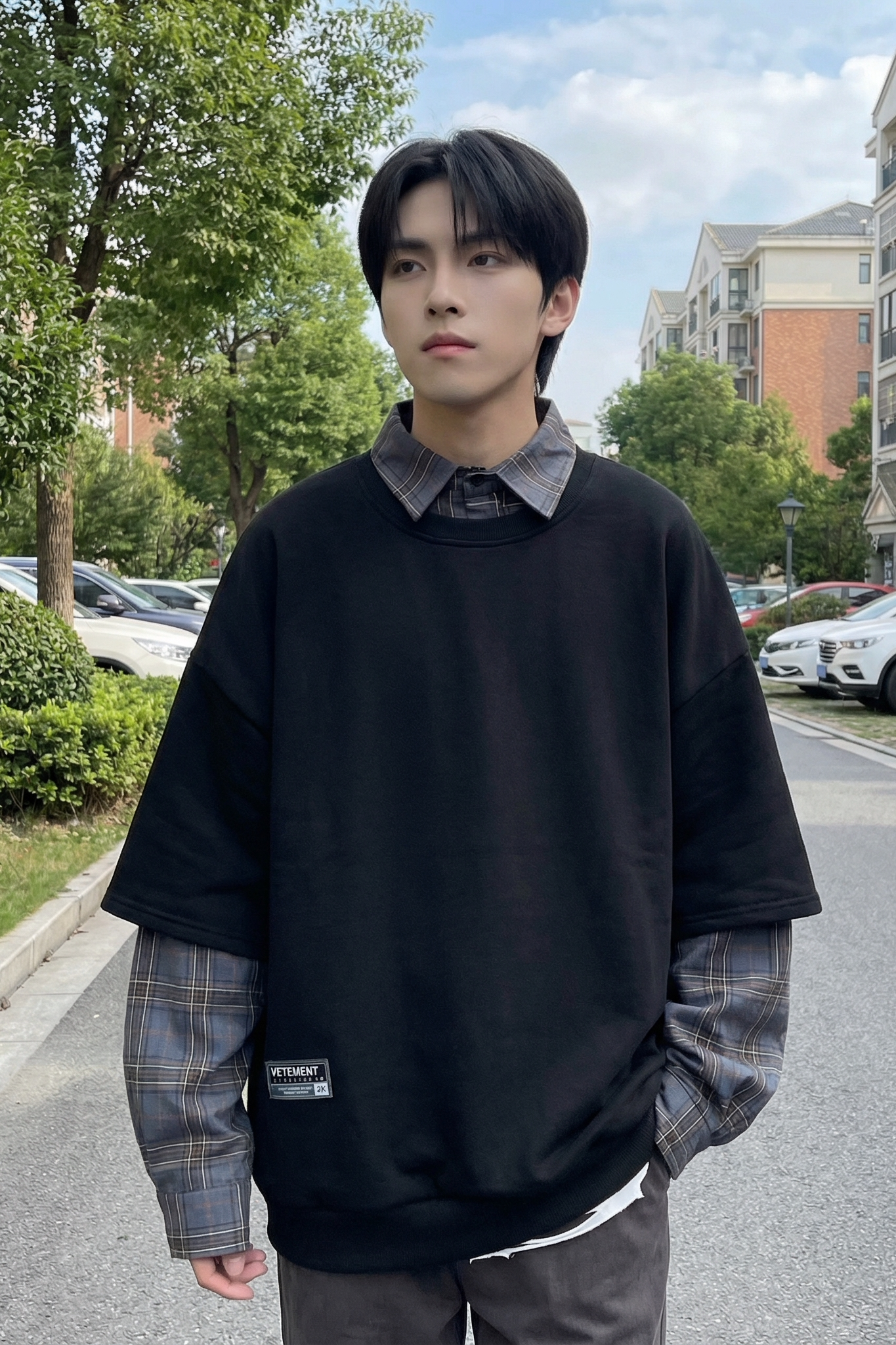 现货2026春款假两件卫衣衬衫领复古vibe格子美式外套A5613-P65,男装衬衫,星座1017