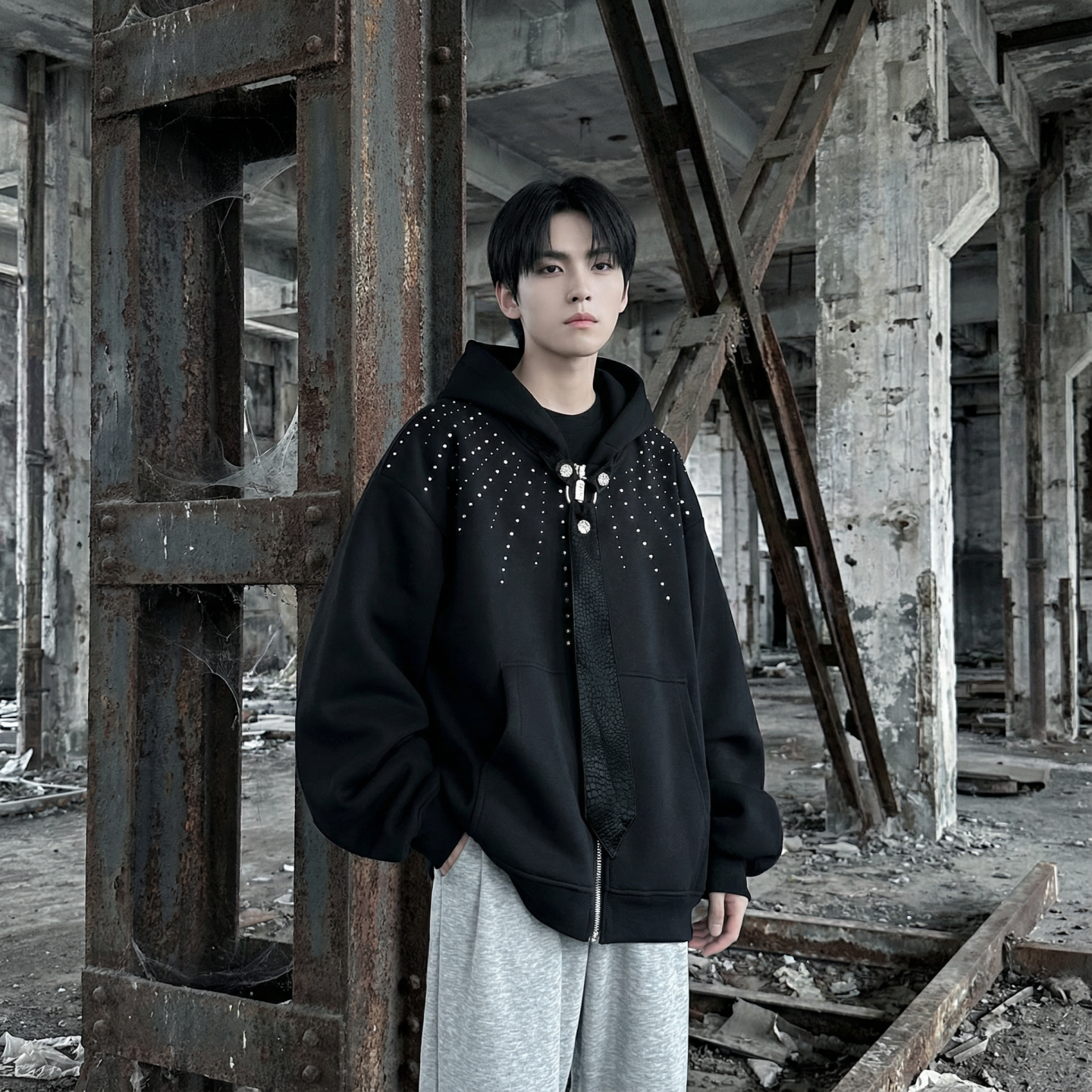 现货小众烫钻可拆卸领带设计连帽卫衣重磅宽松慵懒外套W2056-P89，女装短外套，星座1017