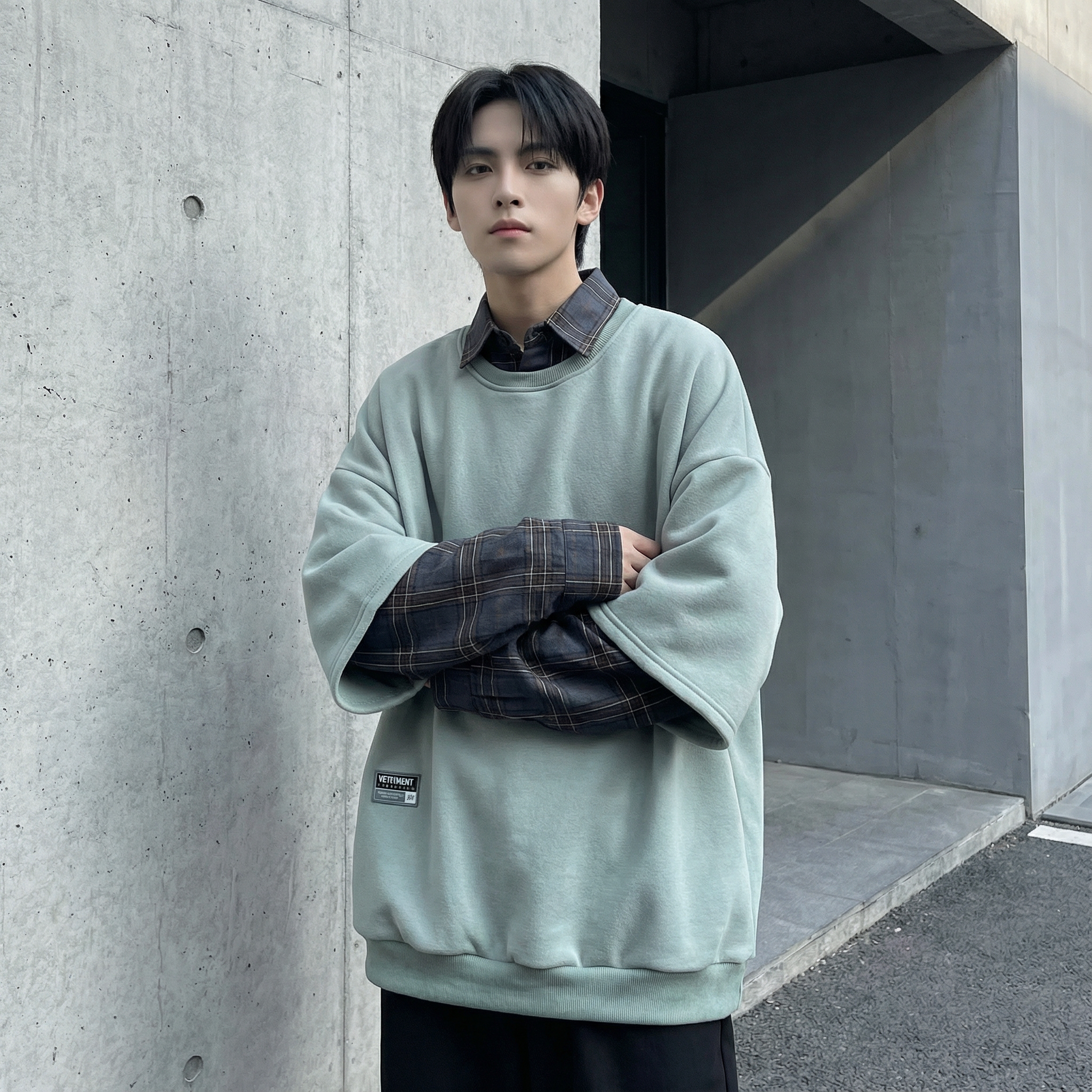 现货2026春款假两件卫衣衬衫领复古vibe格子美式外套A5613-P65,男装衬衫,星座1017