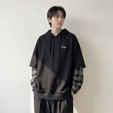 现货春季连帽卫衣男潮牌ins假两件拼接格子慵懒风W8212-P68，男装卫衣，星座1017