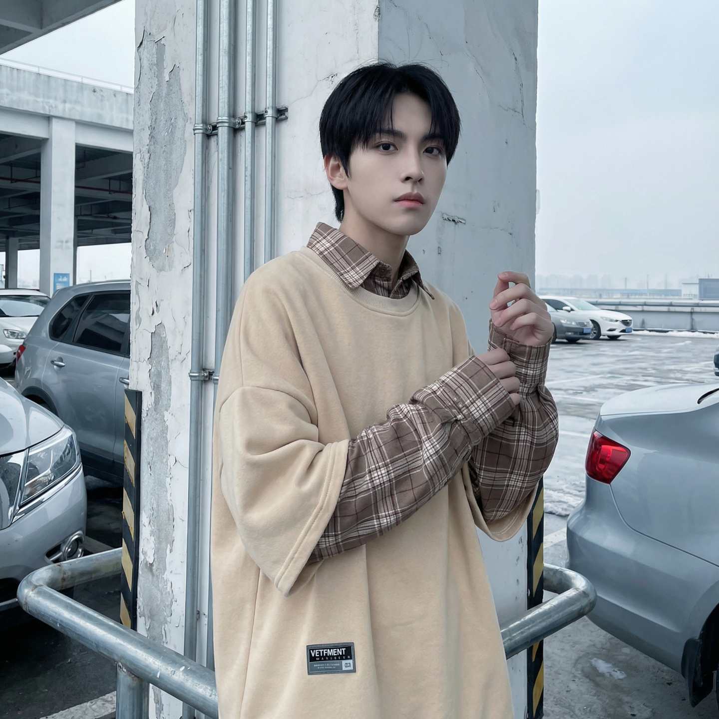 现货2026春款假两件卫衣衬衫领复古vibe格子美式外套A5613-P65，男装衬衫，星座1017