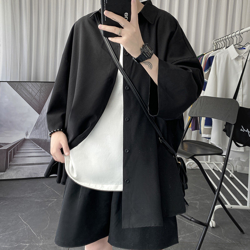 黑色冰丝衬衫男士短袖夏季薄款2025港风宽松垂坠感七分袖衬衣外套,男装衬衫,星座1017