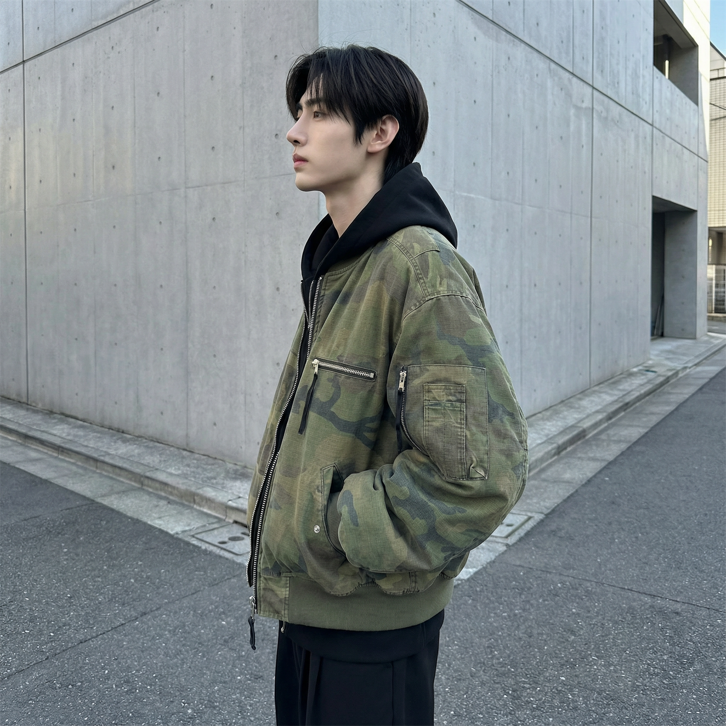 现货迷彩假两件棉服重磅水洗飞行服街头风外套M9881-P148，男装棉衣，星座1017