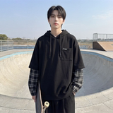 现货春季连帽卫衣男潮牌ins假两件拼接格子慵懒风W8212-P68，男装卫衣，星座1017