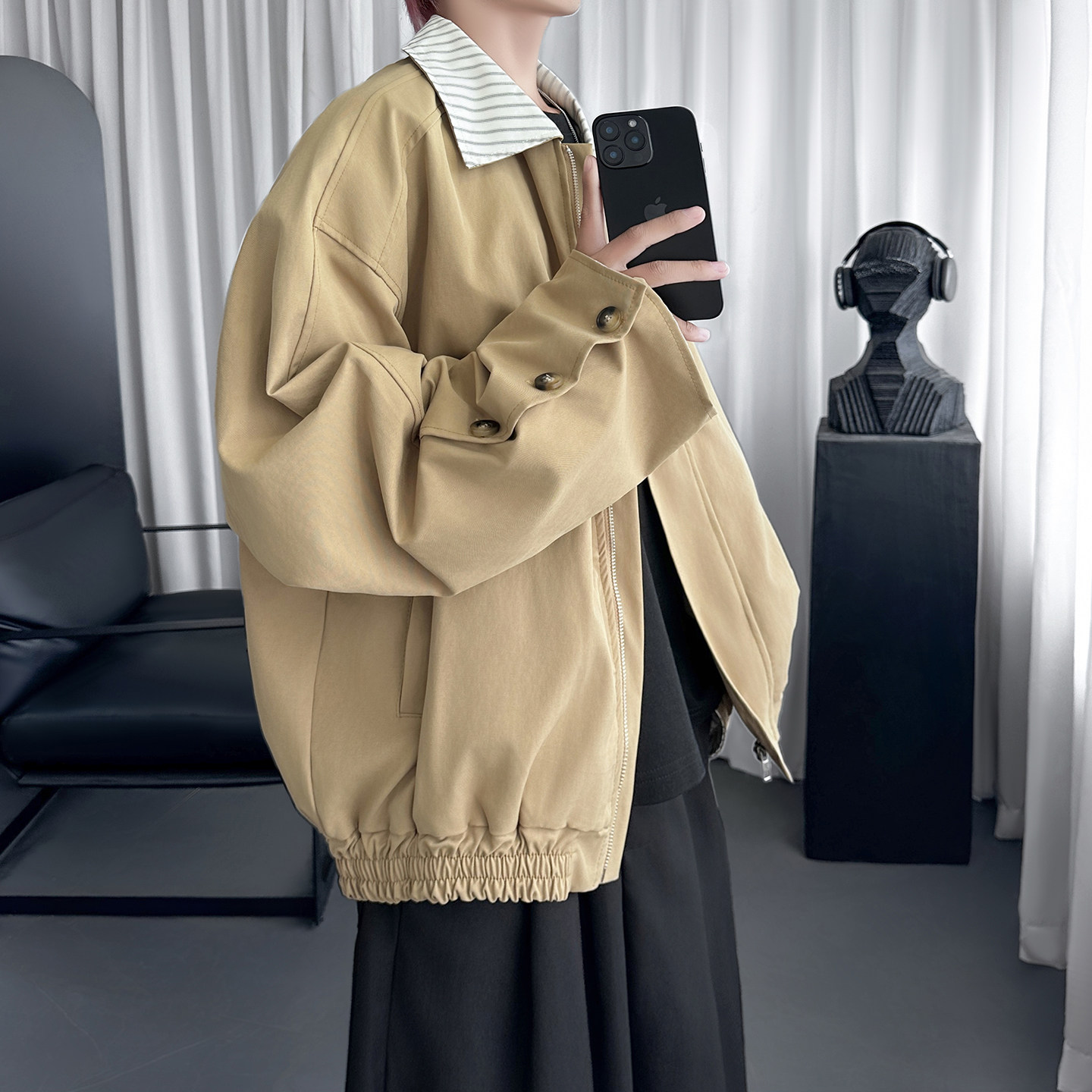 条纹拼接翻领外套男女秋季宽松美式慵懒chic撞色夹克R3605-P118,男装夹克,星座1017