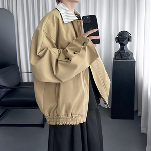 条纹拼接翻领外套男女秋季宽松美式慵懒chic撞色夹克 R3605-P118图片