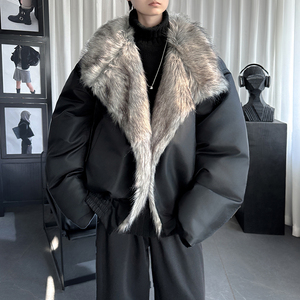 冬季大毛领加厚夹棉黑锻拼接棉服外套 M1654-P168图片