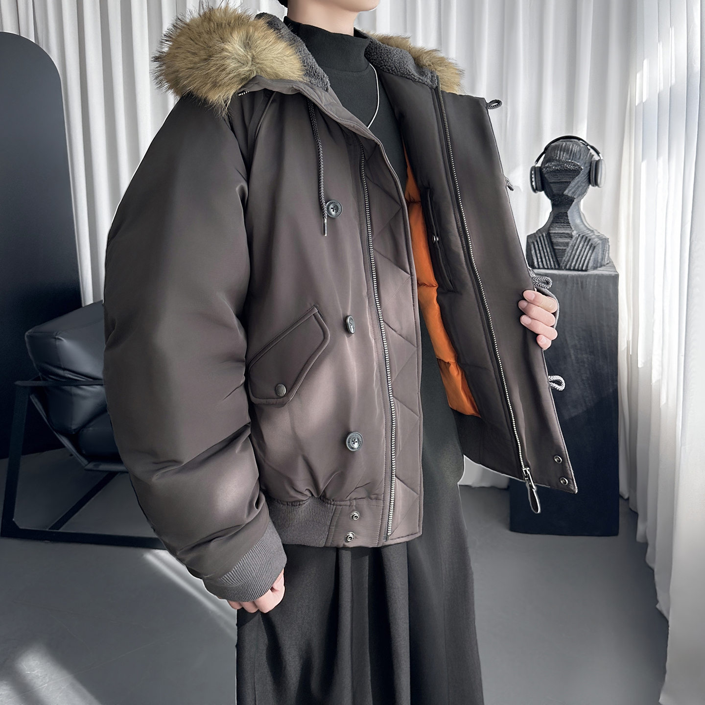 户外防风仿毛领短款宽松工装棉服男 M1103-P148